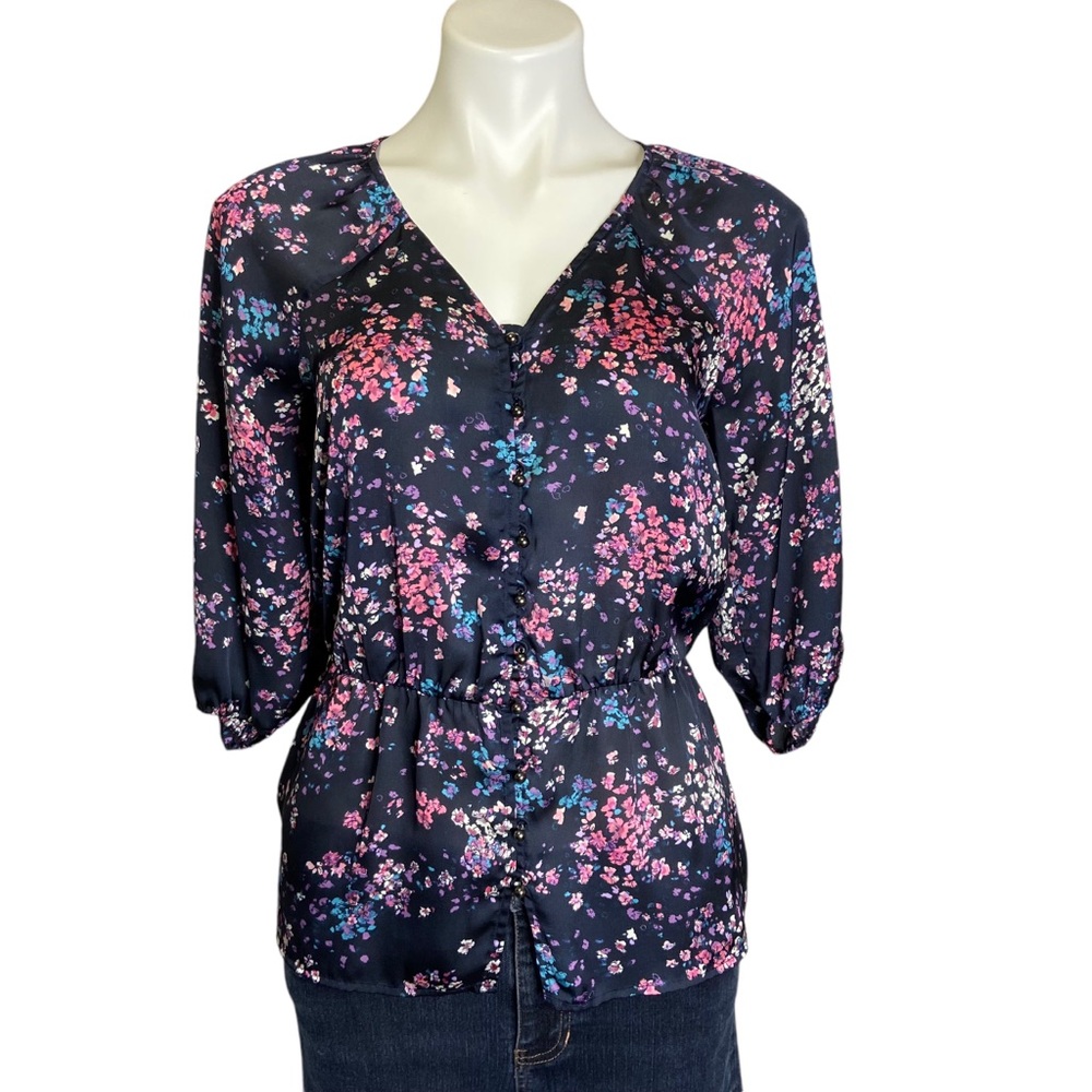 BANANA REPUBLIC Floral 3/4 Sleeve Button Front Peplum Blouse Navy Size XS